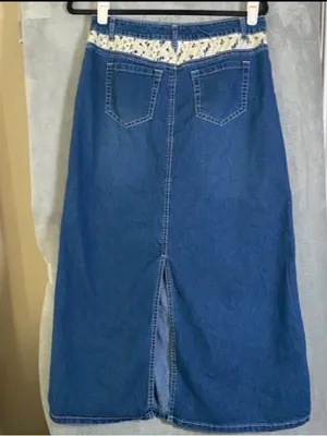 Vintage denim maxi skirt boho festival back slit size 6 Cato cottage lace detail thumbnail 4