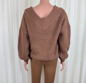 New Women's Zenana Plus Size V-Neck Off The Shoulder Waffle Knit Sweater Camel / Light Brown Sz 1X thumbnail 5