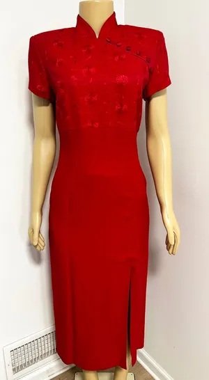 Vintage Taurus II Red Cheongsam Style Floral Jacquard ASIAN Midi Dress Size 8P thumbnail 1