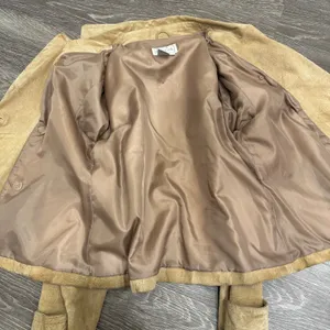 Y2K Live a Little Tan Suede Leather Double Breasted Pea Coat Jacket Small Preppy thumbnail 3