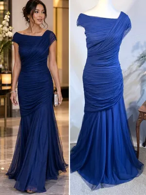 ☀️Tadashi Shoji Cobalt Blue Ruched Arymetric Draped Chiffon Evening Gown Sz 4🧡 thumbnail 2