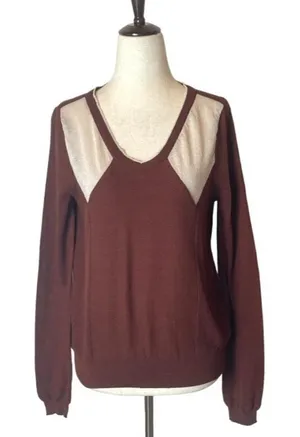 Barneys New York O’2nd Brown And Ivory V Neck Pullover Lightweight Sweater S‎ thumbnail 1