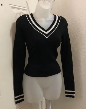 Black and white striped V-neck sweater top shirt blouse long sleeve preppy dark academia goth old money Size L thumbnail 1