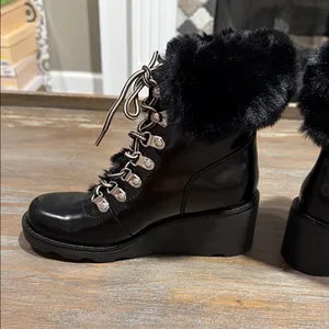 INC Hannia Patent Faux Fur Lace-Up Wedge Booties‎ Black Size 5.5 NIB thumbnail 6