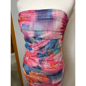 Anthropologie The Soleil Slim Strapless Ruched Mesh Midi‎ Dress Pink Abstract thumbnail 4