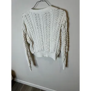 Ann Taylor Weekend Womens Cream‎ 100% Cotton Chunky Cable Bobble Knit Cardigan L thumbnail 4