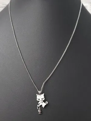 Silver Tone Cat with Fish Pendant Necklace - Whimsical thumbnail 1