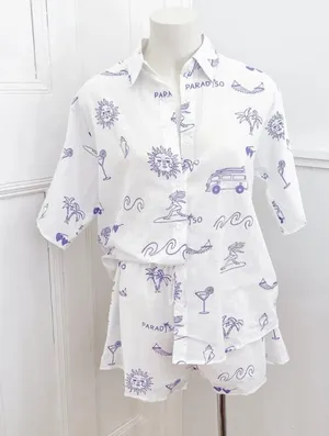 NWT By Frankie blue "Paradiso" coastal-themed print short set. Size medium thumbnail 1