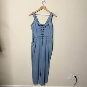 Paige x Revolve November Denim Jumpsuit Overalls Zeila‎ Crop Wide Leg Lace Up XL thumbnail 5