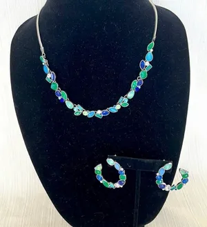 Jewelry Set- Silver Tone with Blue and Green Crystals Necklace and Earring thumbnail 1