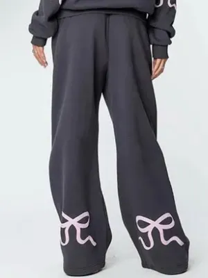 Edikted Bonney Bow Detail Wide Leg Sweatpants - Dark Gray / Pink (Size XS) thumbnail 1