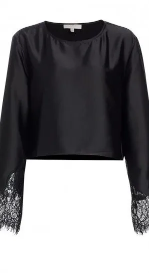 NWT - WAYF Black Satin Lace-Trim Long Sleeve Crop Top Size Medium thumbnail 1