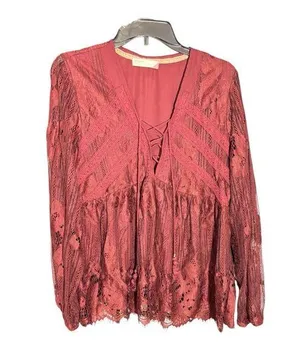 Taylor & Sage COPY - Layson Elegant Lace Women's Top in burgundy red blouse thumbnail 1