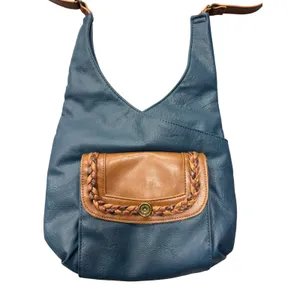 Gal Crossbody Bag Women OS Blue Tan Faux Leather‎ Braided Trim Adjustable Strap thumbnail 2