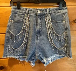 Rhinestone Fringe High-Rise Denim Shorts - Blue size Medium NWT thumbnail 1