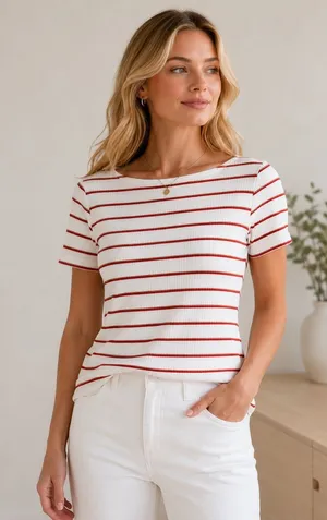 Liverpool Los Angeles White & Red Striped Rib Knit Top XS | Stretch Boat Neck thumbnail 1