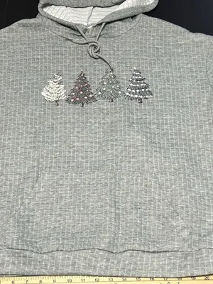 Women's XL Grey Quilted Waffle Christmas Tree Hoodie Holiday Pullover Sweatshirt thumbnail 3