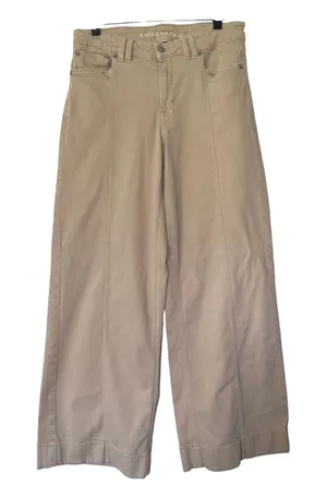 American Eagle Low Rise Baggy Wide Leg Khaki Tan Front Seam Pants Size 8 Regular thumbnail 1