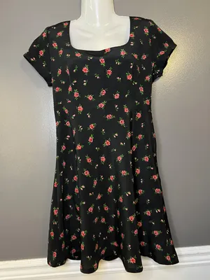 Vintage Esprit Dress Women 6 Black Floral Fit & Flare Short Square Neck Sundress thumbnail 2