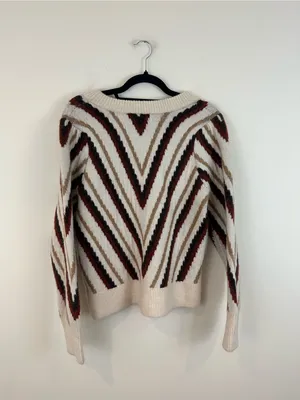 Evereve Cozy Chevron Striped Crewneck Sweater Cream with Brown & Burgundy Medium thumbnail 4