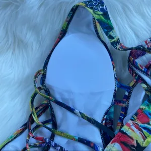 Abstract Plunging Strappy Cheeky Colorful Cutout Bathing Suit thumbnail 9