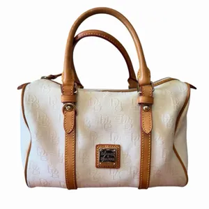 Vintage Dooney & Bourke White Monogram Canvas Barrel Satchel Bag Leather Trim thumbnail 1