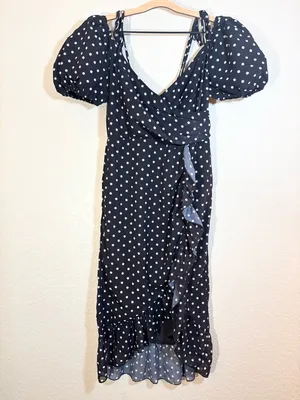 Pretty Little Thing Black Polka Dot Puff Sleeve Off Shoulder Midi Dress Size 6 thumbnail 4