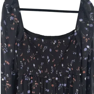 Aritzia Wilfred Black Floral Smocked Square Neck Long Sleeve Midi Dress Sz Large thumbnail 5