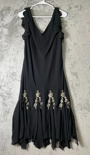 Vintage y2k Black Chiffon‎ Handkerchief Hem Dress Floral Beaded Embroidered Med thumbnail 1