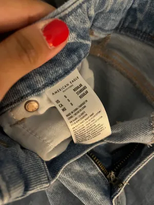 American Eagle blue high-waisted straight-leg jeans with distressed thumbnail 3