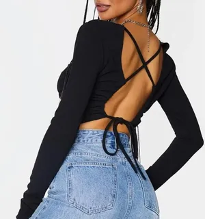 Black long sleeve lace up back crop top‎ thumbnail 1