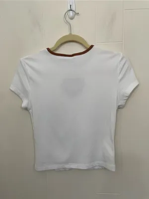 Rue 21 Baby Doll Top Heart Cut Out Size M White Ribbed Brown Trim Y2K 2000s thumbnail 3