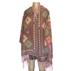 Mexican Artisan Reversible Woven Poncho Multicolor Geometric Boho Shawl Wrap thumbnail 2