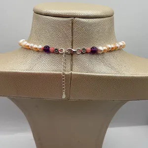 Sterling 925 Pearl Necklace - Pink and White Pearls thumbnail 4