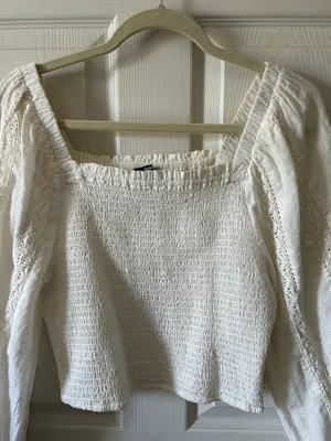Max 100% Cotton Smocked Ivory Cream Eyelet Cottagecore Feminine Summer Top Med‎ thumbnail 6