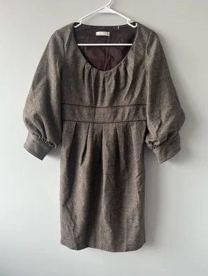 Badgley Mischka Women Size 4 Brown Houndstooth 100% Wool Shift Dress thumbnail 1