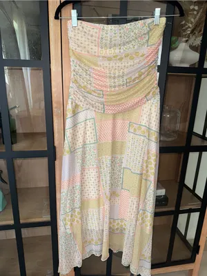 See You Monday patchwork dress midi fairy ruched stretchy pastel boho strapless thumbnail 4