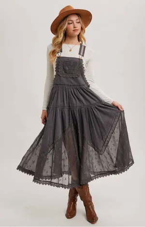 Lace Embroidered Tulle Bib Maxi Bohemian Apron Dress Size XL thumbnail 1