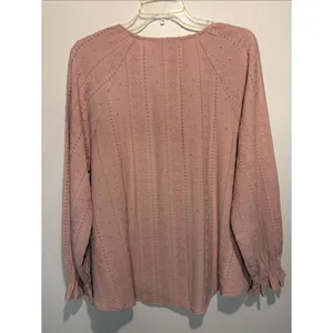 Frye Blush Pink Eyelet Peasant Boho Aztec Print Textured Buttons Blouse SZ L thumbnail 4