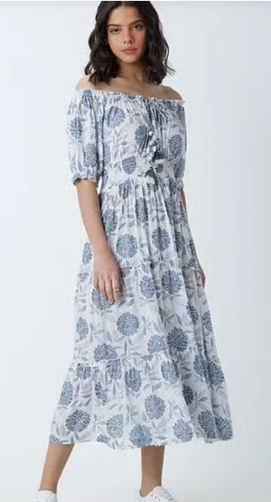 Bombay Paisley Blue Floral Tiered Midi Dress Size Medium‎ thumbnail 1