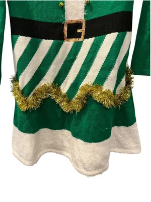 Elf Ugly Christmas Sweater Dress Cold Shoulder Green White Tinsel Trim Small thumbnail 6