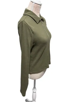 Madewell Ribbed Cotton Zip Front Polo Cardigan Light Sweater Womens Medium Olive thumbnail 7