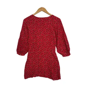 Free People Clara Dress Womens Extra Small Red Floral 3 4 Sleeve Tie Front Boho thumbnail 2