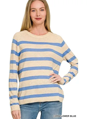Zenana Lightweight Wool Blend Striped‎ Round Neck Sweater - Medium thumbnail 1