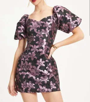 Finer Things In Life Floral Puff Sleeve Mini Dress Purple and black metallic thumbnail 1
