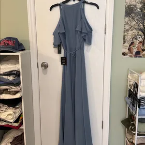NWT Lulu's Easy Listening Slate Blue Cold-Shoulder Wrap Maxi Dress thumbnail 12