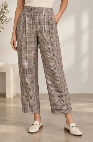 Lost + Wander Women Plaid High Waisted Trousers Tan Blue Multi Size M WPLS4008 thumbnail 1