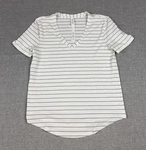 Lululemon Striped Shirt Womens 2 White V-Neck Short Sleeve Pima Cotton Top thumbnail 1
