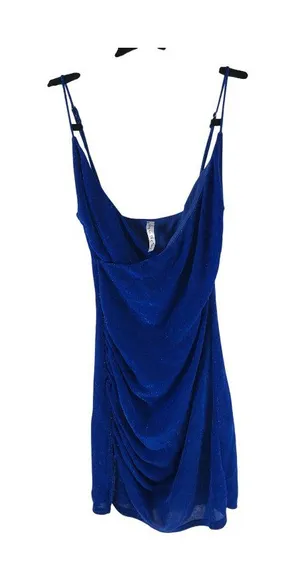 Lucy in the Sky Mini Dress Faux Wrap Ruched Glitter Sparkle Slit Blue XS thumbnail 1