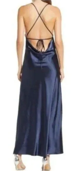 Lulus Dress One Last Glance Satin Backless Slip Dress Navy Blue Size Medium thumbnail 2